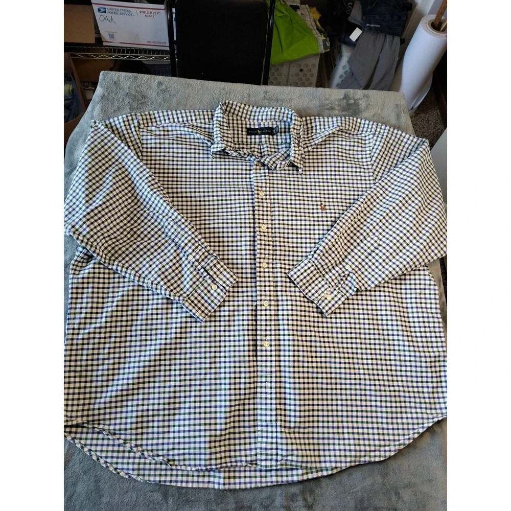 Polo Ralph Lauren Mens 3XB Big & Tall Gingham‎ Button Down Shirt Green Navy Blue